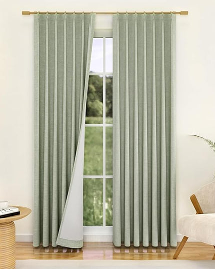 YZ HOME Sage Green Pinch Pleated 100% Blackout Curtains 95 Inches Long Linen Room Darkening Window Curtains for Living Dining Room Bedroom Thermal Insulated Pinch Pleat Double Layer Drapes with Hooks