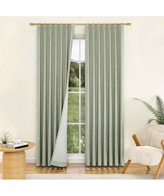 YZ HOME Sage Green Pinch Pleated 100% Blackout Curtains 95 Inches Long Linen Room Darkening Window Curtains for Living Dining Room Bedroom Thermal Insulated Pinch Pleat Double Layer Drapes with Hooks