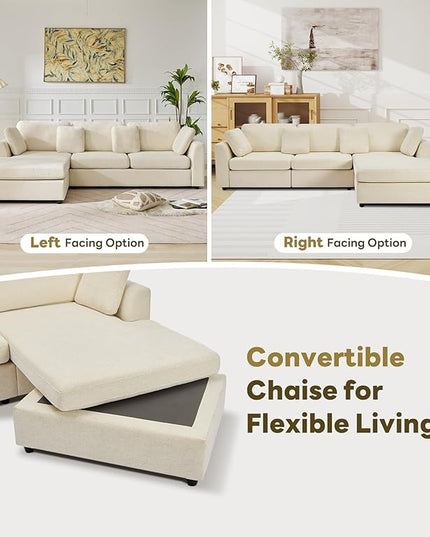 Tbfit L Shaped Couch, Oversized 108" Modular Sectional Sofa with Convertible Chaise, Comfy 4 Pillows Sofa for Living Room, Cream