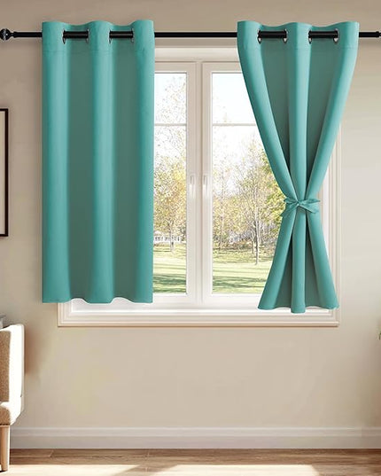 JIUZHEN Blackout Curtains with Tiebacks - Thermal Insulated, Light Blocking and Noise Reducing Grommet Curtain Drapes for Bedroom and Living Room, Set of 2 Panels,Turquoise, 38 x 45 Inch Length