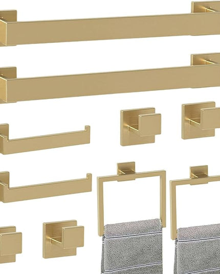 Bathroom Accessory Towel Bar Set: 10 Pieces Gold Bathroom Hardware Square SUS304 Stainless Steel - Wall Mounted Towel Rack&Toilet Paper Holder&Towel Ring and Towel Hook