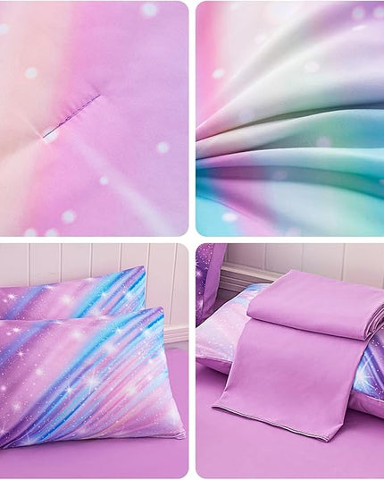 Rainbow Bedding Set Queen Size – 6-Piece Reversible Girls Comforter with Deep-Pocket Sheet, Gradient Galaxy Design, Whole-Piece Filling, Machine Washable Bed-in-a-Bag for Kids Room Makeover & Gifts