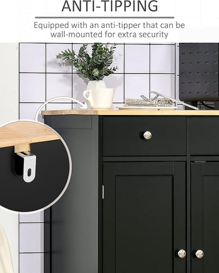 HOMCOM Sideboard with Solid Wood Countertop, Modern Kitchen Storage Cabinet, Coffee Bar Cabinet with 3 Drawers, Doors and Adjustable Shelf, Black