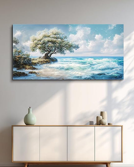 XIGUANGART Large Blue Coastal Wall Art for Living Room Wall Decor for Bedroom Beach Sunset Ocean Waves Nature Seascape Pictures Trees on Rock Scenery Canvas Print Artwork Painting for Bathroom Office