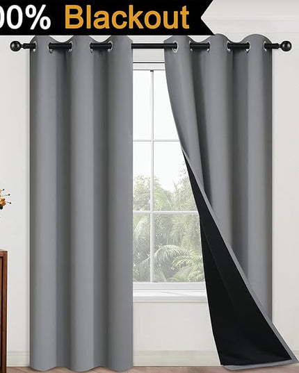 Yakamok 84 Inch Length 100% Blackout Curtains for Bedroom, 2 Thick Layers Thermal Insulated Grommet Total Blackout Drapes with Black Liner for Living Room (42Wx84L,Grey, 2 Panels)