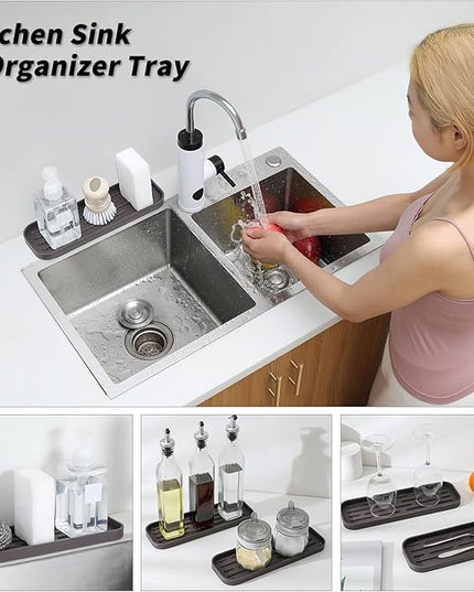 Silicone Kitchen Sink Organizer Tray for Multiple Usage,Eco-Friendly Sponges Holder for Kitchen Bathroom Counter or Sink,Dish Soap Dispenser,Scrubber,Bottle,Cup (Coffee, 12"×4")