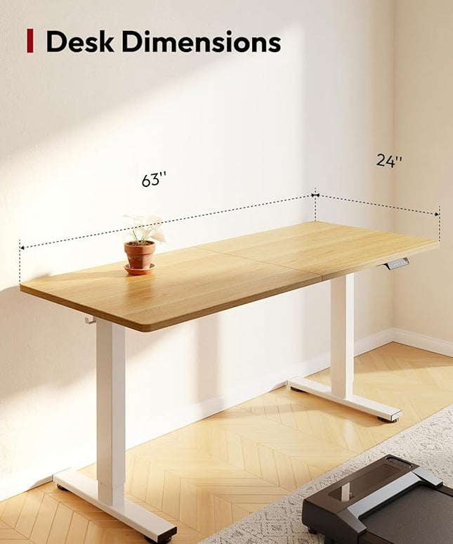 SANODESK Standing Desk Height Adjustable Electric Stand up Desk 63x24 Inches Sit Stand Home Office with Splice Board, White Frame/Maple Top