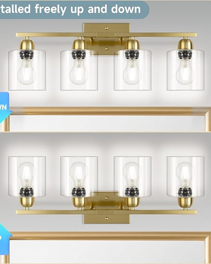 Modern Brushed Gold 4 Light Bathroom Light Fixtures, 24 inch Vanity Lights for Bathroom with Clear Glass, Bathroom Vanity Light for Mirror Kitchen Living Room Hallway Cabinet Porch