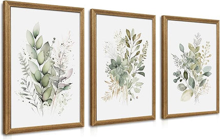 WRFON Watercolor Botanical Wall Art Set of 3 Boho Sage Green Wildflower Canvas Wall Art Prints Modern Floral Wall Decor for Bedroom Living Room Bathroom Decorations Wood Framed 16x24 Inches