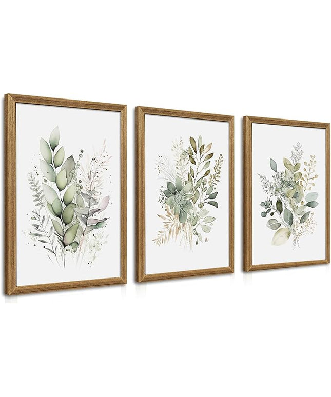 WRFON Watercolor Botanical Wall Art Set of 3 Boho Sage Green Wildflower Canvas Wall Art Prints Modern Floral Wall Decor for Bedroom Living Room Bathroom Decorations Wood Framed 16x24 Inches