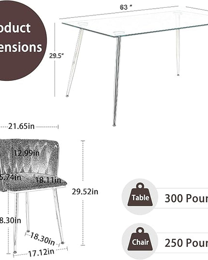 Gold Glass Dining Room Table Set for 4, 63'' Modern Luxury Rectangular Dinner Table Set, 5 PCS Clear Glass Top Minimalist Kitchen Table Set, Grey Woven Dining Chair for Home Large Place