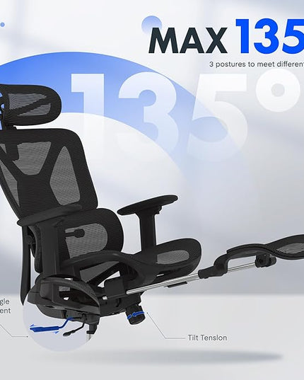 FLEXISPOT ErgoX Premium Ergonomic Office Chair with Footrest- Adjustable 3D Armrests, Dynamic Lumbar Support, Recline & Tilt Function, Mesh Seat, for Home & Office Use,Black