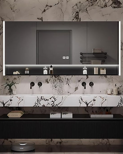 56IN Floating Bathroom Vanity - Bathroom Vanities with Sink, 3 Drawer & Includes LED Smart Mirror | 2 Layer Design, Black Vertical Stripe Bathroom Cabinets