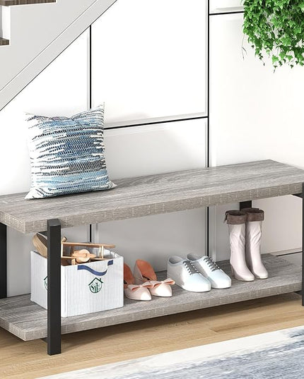 FOLUBAN Entryway Bench, Vintage Wood and Metal Shoe Bench for Hallway Front Door Entrance, Farmhouse Indoor Shoe Storage Bench Seat for Bedroom, Living Room, Light Grey, 47 Inch
