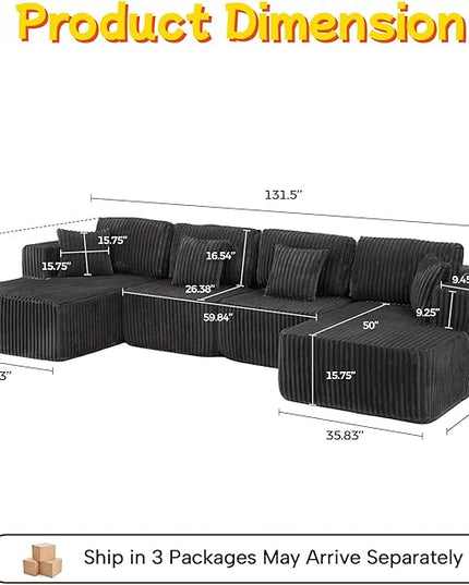 132" U Shaped Boneless Couch, Cloud Sectional Modular Sofa with Double Chaise Lounge, Corduroy Cloud Couch with Pillows & Deep Seat, Boneless Sofa for Living Room, Grey