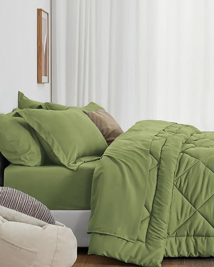 Love's cabin Queen Comforter Set Olive Green, 7 Pieces Queen Bed in a Bag, All Season Bedding Sets with 1 Comforter, 1 Flat Sheet, 1 Fitted Sheet, 2 Pillowcase and 2 Pillow Sham