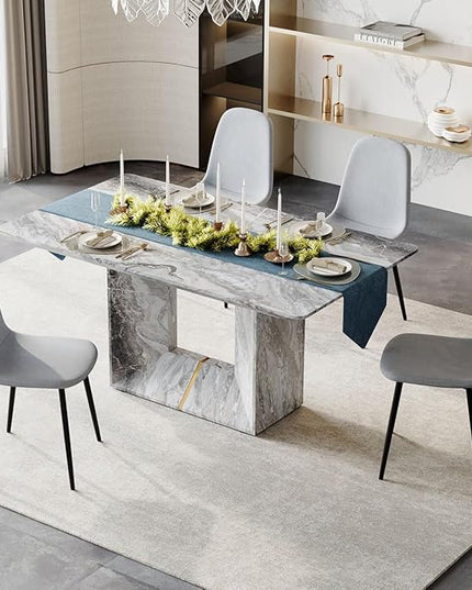 Dinner Table Set for 4, 5 Piece Dining Table Set with Chairs, 63" Faux Marble Modern Table with 4 Linen Fabric Chairs, for Kitchen & Dining Room