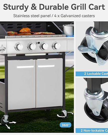 GREEN PARTY 4 Burner BBQ Propane Gas Grill with Side Burner & Porcelain-Enameled Cast Iron Grates, 545 SQIN Grilling Area 42,000 BTUs Barbecue Grill for Outdoor Cooking Garden Patio Backyard, Silver