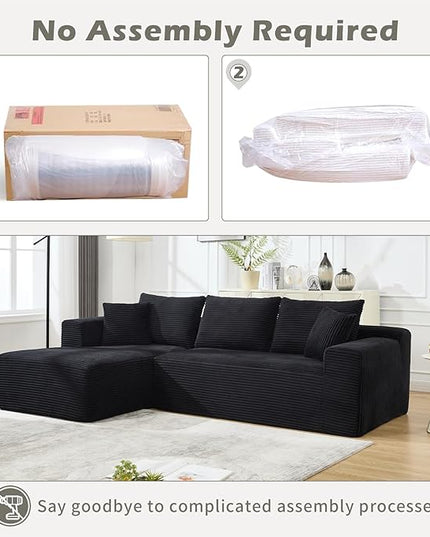 PELUMY 108.7" L-Shaped Modular Sectional Sofa with Oversized Chaise, Cloud Couch with Memory Foam, No Assembly Required Sleeper Sofa for Small Space Living Room, Apartment (Black, Corduroy)