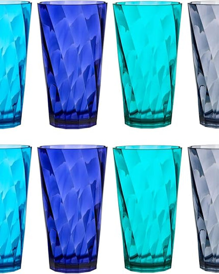 US Acrylic Optix Plastic Reusable Drinking Glasses (Set of 8) 20oz Water Cups in Coastal Colors | BPA-Free Tumblers, Made in USA | Top-Rack Dishwasher Safe