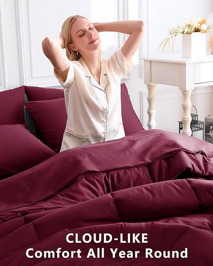 CozyLux King Size Comforter Set Burgundy, 7 Pieces Bed in a Bag, Red Comforter King Size, All Season Bedding Sets with Stitch Quilted Comforter, Flat Sheet, Fitted Sheet, Pillowcases