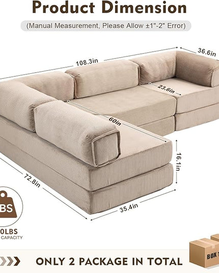 108" L Shaped Couch, Modular Sectional Sofa with Chaise, Cloud Boneless Couch with Deep Seat & Removable Pillow for Living Room, Bedroom,No Assembly Required（Camel）