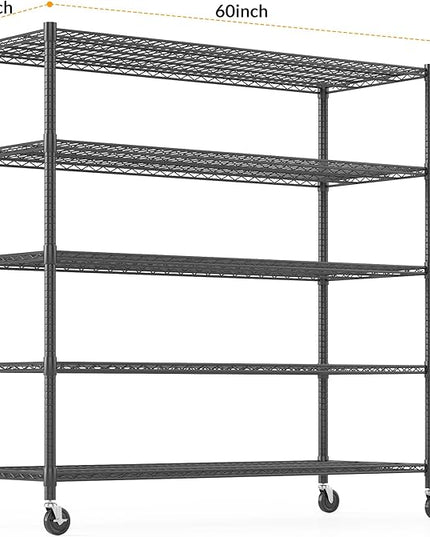 Himimi Storage Shelves with Wheels, 5-Tier Heavy Duty Steel Wire Rack Storage Shelving, Adjustable Metal Storage Shelves for Garage Kitchen Pantry Bathroom Laundry 18" D*60" W*82" H, Black