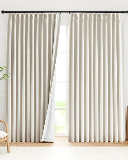 IVAPUPU Natural Pinch Pleated Full Blackout Curtains Linen Blend Room Darkening Window Curtains 95 inch 1 Panel for Living Room Bedroom Thermal Insulated Curtain Drapes with 12 Pcs Hooks 70''Wx95''L
