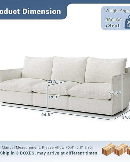 94.6" Cloud Modular Sectional Sofa, Waterproof Down Filled Sectional Sofas, High Backrest 3 Seater Sectional Couches for Living Room, Modern Modular Couch with Removable Cover, Cream White