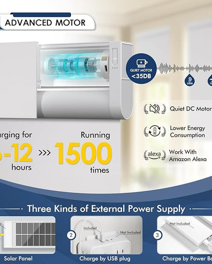 Motorized Blinds with Remote,100% Blackout Smart Roller Shades,Rechargeable Smart Blinds【Solar Panel Included】 Wireless Electric Cordless Shades with Cover Compatible with Alexa White 48 * 72
