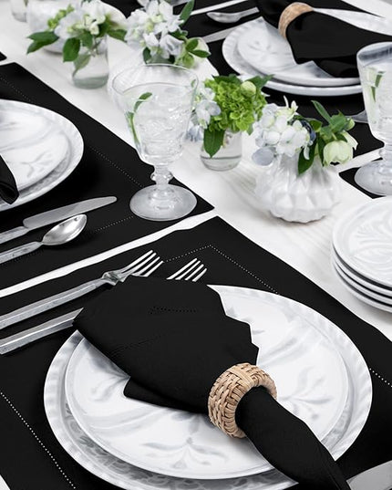 Solino Home Linen Placemats Set of 4 - Classic Hemstitch Black Placemats 14 x 19 Inch - 100% Pure Linen Table Mats for Winter, Holiday, Christmas, New Year