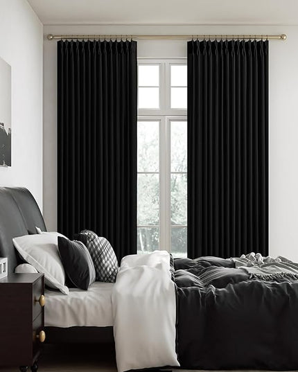 Pinch Pleated Black Linen Curtains 84 inches Long for Bedroom, 2 Panels Set Light Fitering Privacy Luxury Thick Flax Blend Window Curtain with Hooks Rings Rustic Living Room Drapes 84" Length