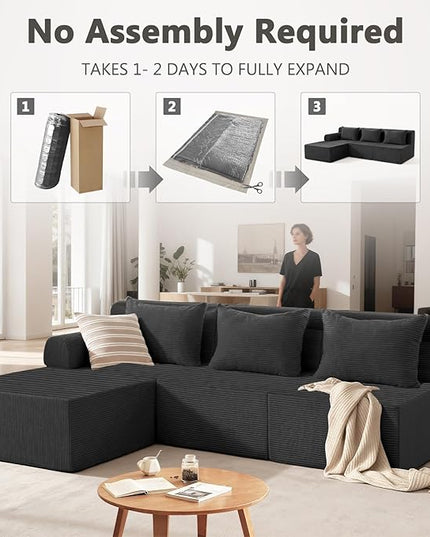 93" Sectional Couches for Living Room, Modular Sectional Sofa, Cloud Couch with L-Shape Chaise, Boneless Couches, Comfy Corduroy Fluffy Couch with Deep Seat, No Assembly Required, Black