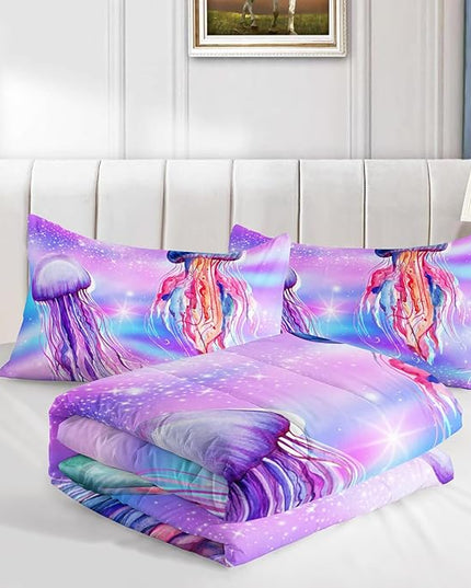 Kawaii Bedding Color Jellyfish Comforter Set King Size,Rainbow Flash Pattern Comforter for Teens Kids Girls Room Decor,Marine Animal Theme Beach Bedding Set with 2 Pillowcases.