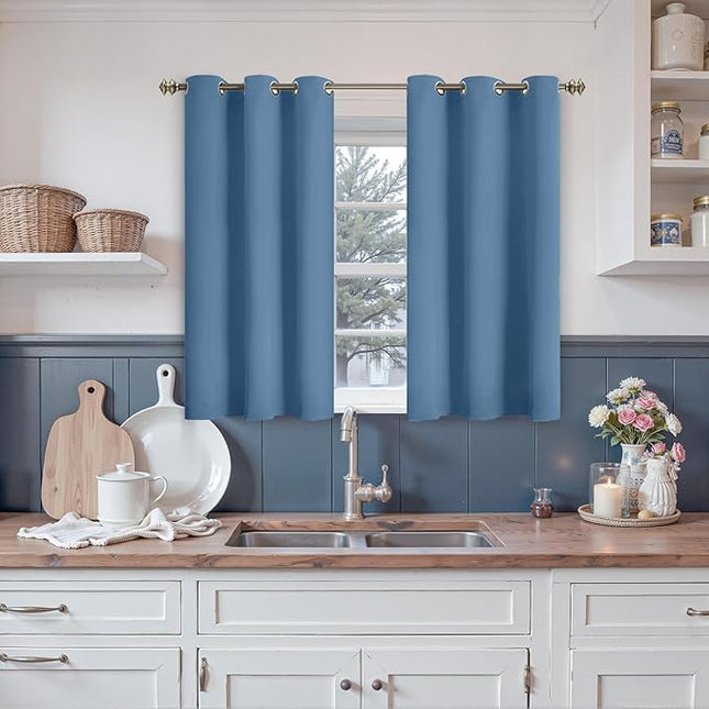 YoungsTex Denim Blue Blackout Curtains 45 Inches Long for Bedroom Kitchen Window - Short Thermal Insulated Drapes with Grommet Darkening Privacy for Bathroom, 2 Panels, 42 x 45 Inch