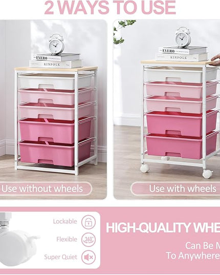 Utility Cart with 5 Drawers,Storage Drawer Cart with Wooden Tabletop and Lockable Wheels,Craft Storage Trolley Cart,5-Tier Rolling Utility Cart on Wheels,Rose Pink