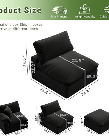 Modular Sectional Sofa,1-Seater Extra Comfty Deep-Seat-Filled Couch,Modern Couches for Living Room, Apartment,Office,Small Space,Black