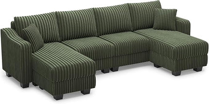 Belffin U Shaped Couch with Reversible Chaises Sectional Couches for Living Room Sectional Couch with Ottomans Corduroy (Green, U Shaped)