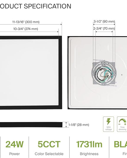 ASD LED 12" Square Flush Mount Ceiling Light Fixture, Low Profile Surface Lighting | 5CCT, Dimmable, Ultra-Thin, ETL Listed | 24W 1700LM 2700-6000K 120V | Kitchen, Bedroom Lamp | Black, 12 Pack