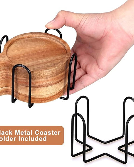Best Wooden Handle Coasters Set of 4 with Holder Coffee Table Decor Acacia Wood Coaster for Living Room Modern Cup Coaster for Drink Home Kitchen Dining Accessories Bar Farmhouse Outdoor Decorative