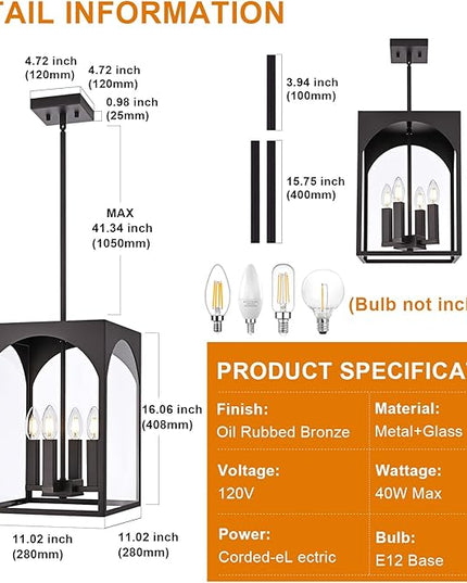 VINLUZ Outdoor 4 Light Pendant Lighting,Classic Outside Chandelier Exterior Hanging Lantern Light with Clear Glass Shade Oil Rubbed Bronze Finish for Porch, Yard, Gazebo