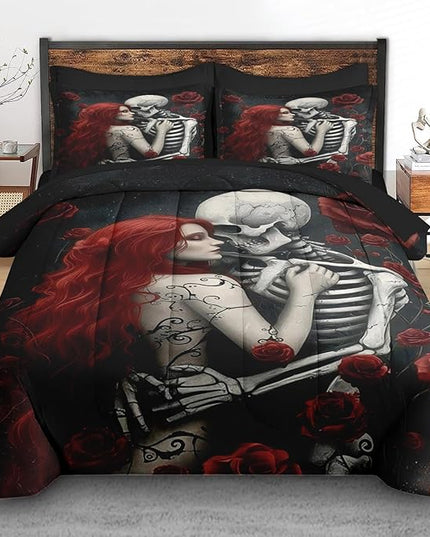 Comforter Set Twin Size, Death Skeleton Black 5 Pcs Bedding for Kids and Adults, Lover Rose Bed Sheet Sets with Fitted Sheet Pillowcase & Sham for Bedroom Bed Decor