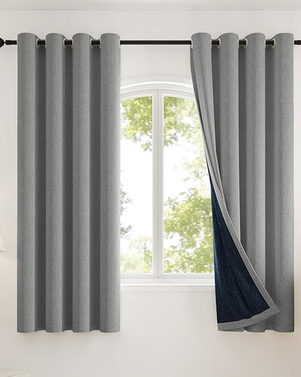 100% Blackout Curtains Thick Soft Curtain 2 Panels Set for Small Bedrooms/Children's Rooms, Linen-Look Textured Full Light Blocking Room Darkening Thermal Insulated Drapes (W52xL54, Grey)