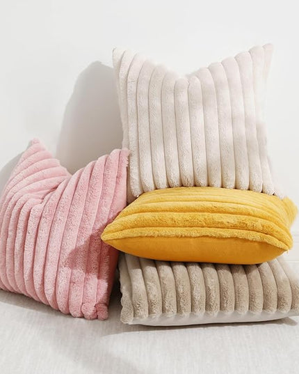 decorUhome Faux Fur Spring Throw Pillow Covers 20x20 Set of 2, Decorative Soft Plush Striped Neutral Couch Euro Pillow Covers with Velvet Back for Sofa, Bed, Living Room Home Decor, Beige