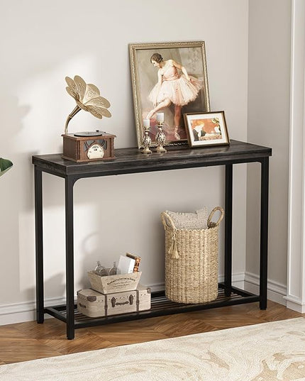 32" Small Console Table, 2-Tier Narrow Entryway Table, Sofa Table with Mesh Shelves, Console Tables for Living Room, Hallway, Entryway, Farmhouse Console Table with Storage, Oak Grey