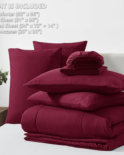 CozyLux Full Size Comforter Sets Burgundy, 7 Pieces Bed in a Bag, Red Comforter Full Size, All Season Bedding Sets with Stitch Quilted Comforter, Flat Sheet, Fitted Sheet, Pillowcases