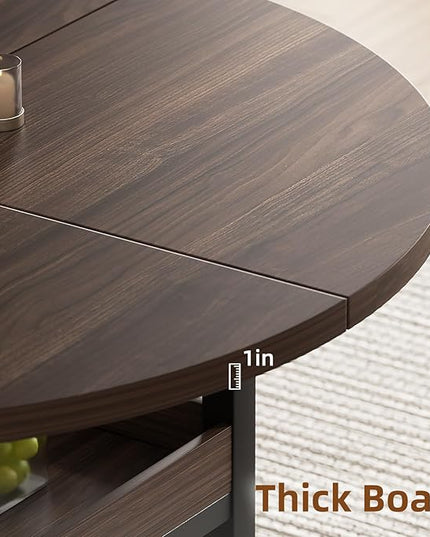 5-Piece Round Dining Table Set for 4 with Storage, Kitchen Table with 4 PU Leather Chairs, Space Saving for Breakfast Nook, Dinette, Dining Room (Walnut Dining Table-4 Black Chairs)