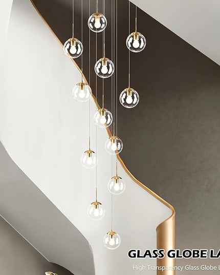 KoKo&Yukina 12-Light Gold Mid Century Modern Chandelier for Living Room Staircase Chandelier for Entryway Clear Globe Glass Chandelier High Ceiling Chandeliers Foyer Entryway (Bulb & Remote Incl.)