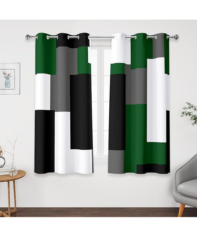 Green 100% Blackout Curtains 45 inch Length 2 Panels Set White Grey Modern Abstract Geometric Drapes for Kitchen Black Out Curtains Insulated Room Darkening Small Window Curtains, 42Wx45L