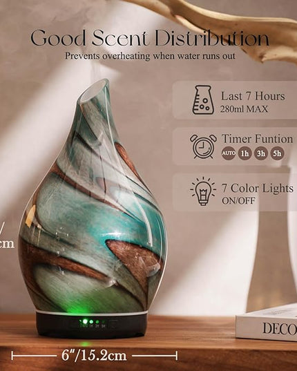 Porseme 280ml Essential Oil Diffuser Glass Color Changing Aroma Air Diffusers Aromatherapy Ultrasonic Cool Mist Humidifier 7 Running Hours Waterless Auto-Off for Sleeping, Yoga, Spa (Teal Green)